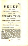 Brief, van een Zwitzers officier, over de beroertens, in de Republiek der Vereenigde Nederlanden voorgevallen