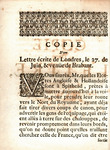 Copie d'une Lettre, escrite de Londres, le 27 de Juin, 1689 & venuë de Brabant.